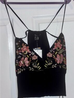 NWT Forever 21 Black Floral Embroidered Crop Top Smocked Button Front Halter Med